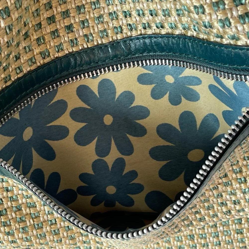 Nino BOSSI Woven Shoulder Bag Beige with Green Leather Trim Silver Hardware